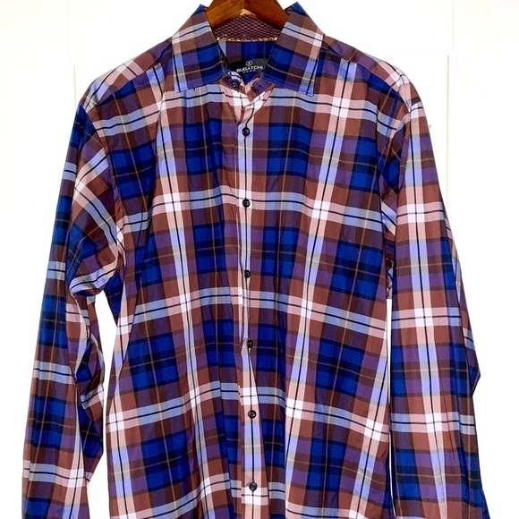 Bugatchi Uomo Shaped Fit‎ Brown Blue Plaid Collared Untucked Men XL Office Work - Picture 2 of 6